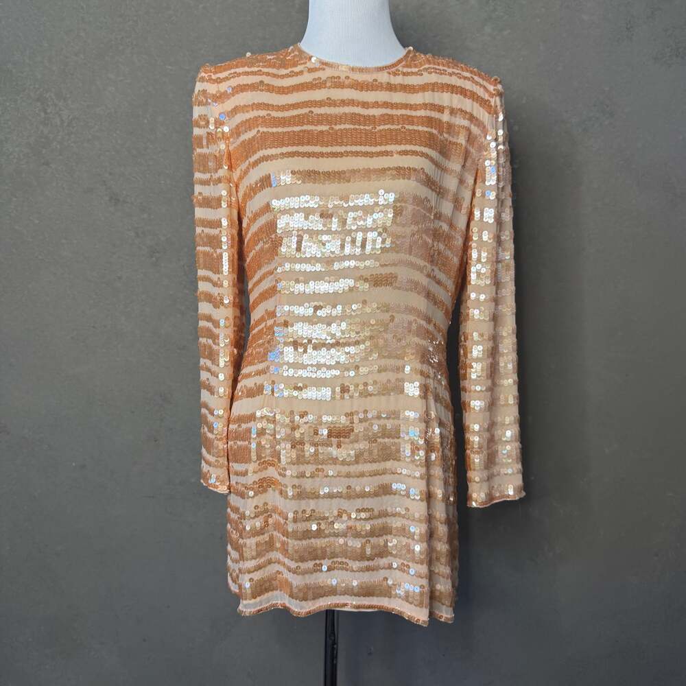 Vintage Saks Fifth Avenue 100% Silk Sequin Mini Dress Size 6 Gold Champagne 80s